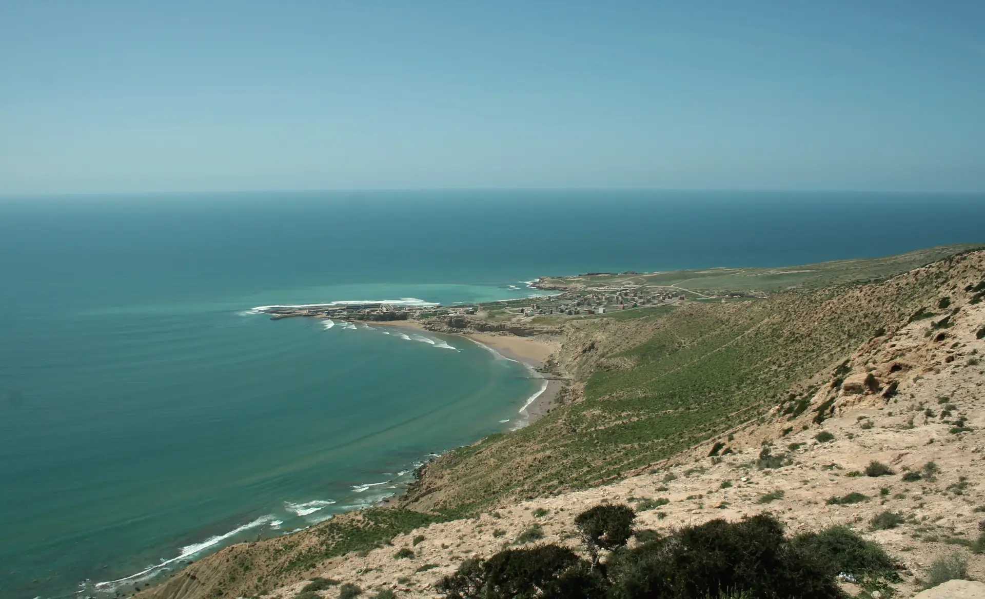 Aerial view of the Imsouane headland and the long right-hand point